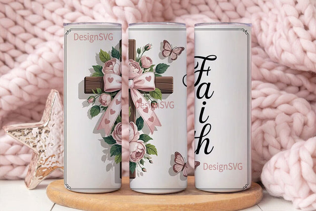 Pink Floral Cross 20oz Tumbler Wrap Sublimation DesignSVG 