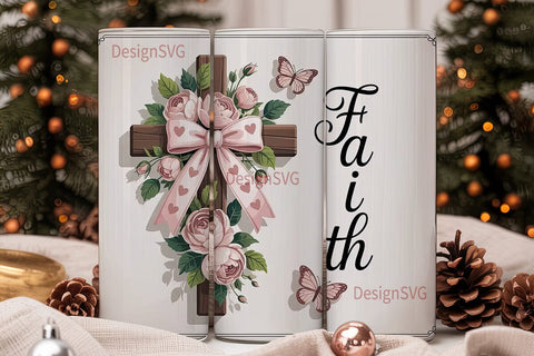 Pink Floral Cross 20oz Tumbler Wrap Sublimation DesignSVG 