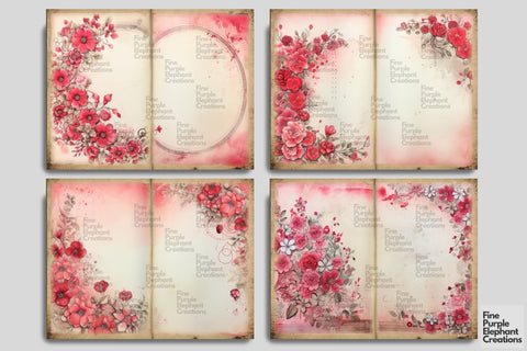 Pink Floral Flower Border Digital Junk Journal Double Pages Digital Pattern Fine Purple Elephant Creations 