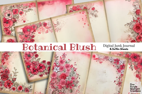 Pink Floral Flower Border Digital Junk Journal Double Pages Digital Pattern Fine Purple Elephant Creations 