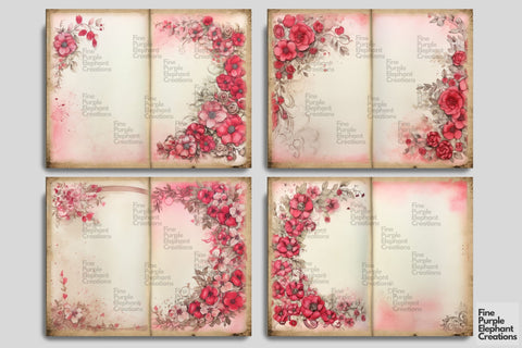 Pink Floral Flower Border Digital Junk Journal Double Pages Digital Pattern Fine Purple Elephant Creations 