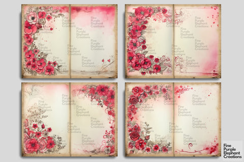 Pink Floral Flower Border Digital Junk Journal Double Pages Digital Pattern Fine Purple Elephant Creations 