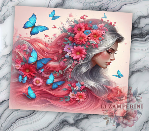 Pink Floral Girl 20oz Tumbler Wrap PNG, Vibrant Flower Tumbler Png, Straight & Tapered Tumbler Wrap, Instant Digital Download Sublimation Li Zamperini 