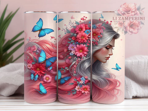 Pink Floral Girl 20oz Tumbler Wrap PNG, Vibrant Flower Tumbler Png, Straight & Tapered Tumbler Wrap, Instant Digital Download Sublimation Li Zamperini 