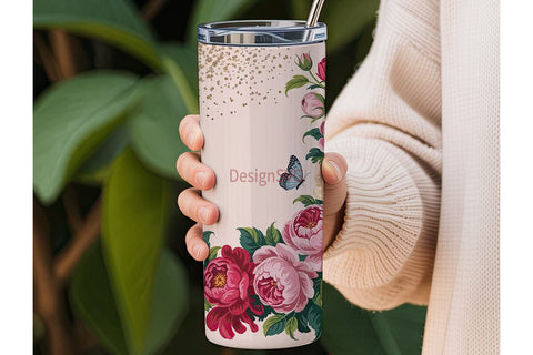 Pink Floral Gold Glitter 20oz Tumbler Sublimation DesignSVG 