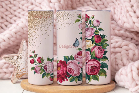 Pink Floral Gold Glitter 20oz Tumbler Sublimation DesignSVG 