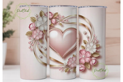 Pink Floral Gold Heart 20oz Tumbler Sublimation PixelChick 