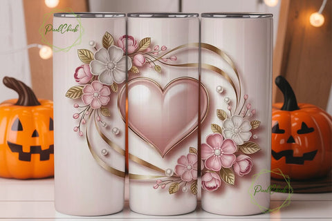 Pink Floral Gold Heart 20oz Tumbler Sublimation PixelChick 