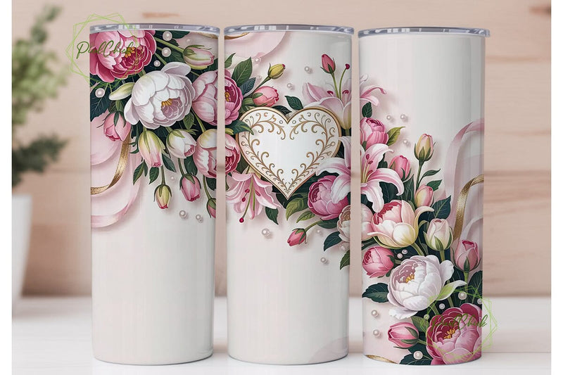 Pink Floral Gold Heart 20oz Tumbler Sublimation PixelChick 