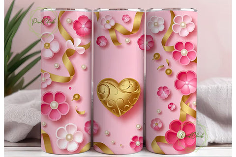 Pink Floral Gold Heart 20oz Tumbler Sublimation PixelChick 