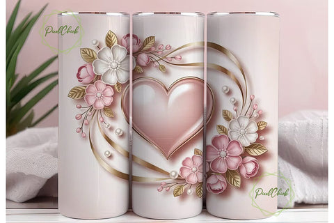 Pink Floral Gold Heart 20oz Tumbler Sublimation PixelChick 