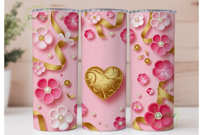 Pink Floral Gold Heart 20oz Tumbler Sublimation PixelChick 