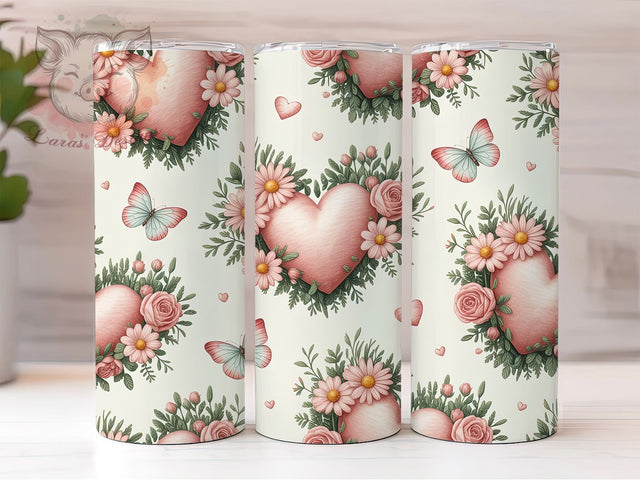 Pink Floral Hearts Tumbler, Valentine Butterfly Wrap, Romantic Floral Cup, 20oz Sublimation Wrap, Stylish Valentine Design Tumbler, Artistic Heart Butterfly Cup, Whimsical Love Theme Wrap Sublimation Lara' s Designs 