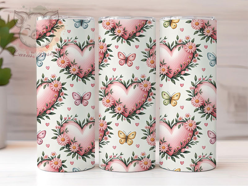 Pink Floral Hearts Tumbler, Valentine Butterfly Wrap, Romantic Floral Cup, 20oz Sublimation Wrap, Stylish Valentine Design Tumbler, Artistic Heart Butterfly Cup, Whimsical Love Theme Wrap Sublimation Lara' s Designs 