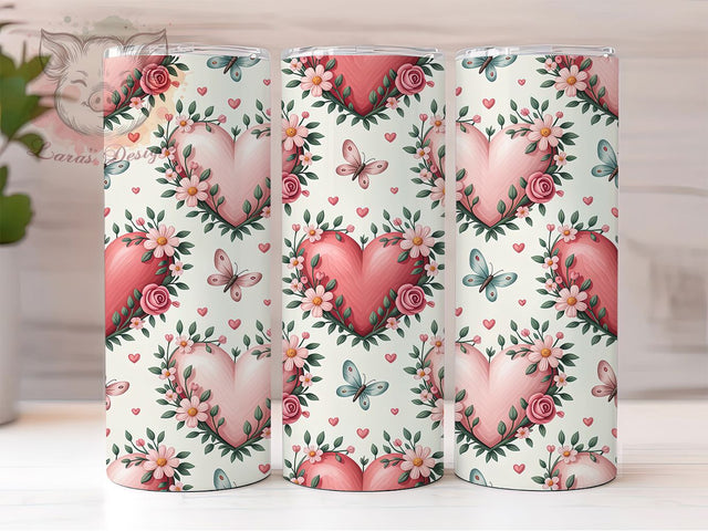 Pink Floral Hearts Tumbler, Valentine Butterfly Wrap, Romantic Floral Cup, 20oz Sublimation Wrap, Stylish Valentine Design Tumbler, Artistic Heart Butterfly Cup, Whimsical Love Theme Wrap Sublimation Lara' s Designs 