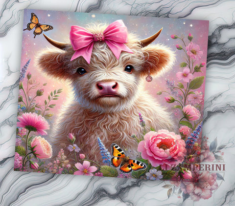 Pink Floral Highland Baby Cow Tumbler Wrap, Pink Floral Tumbler, Baby Cow Drinkware, 20oz Tumbler Wrap, Sublimation Mug, Farm Animal Gift, Cute Cow Decor Sublimation Li Zamperini 