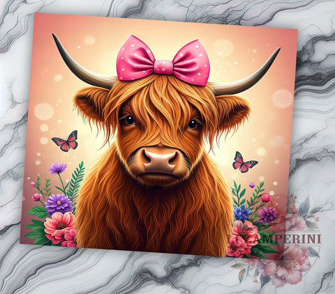 Pink Floral Highland Baby Cow Tumbler Wrap, Pink Floral Tumbler, Baby Cow Drinkware, 20oz Tumbler Wrap, Sublimation Mug, Farm Animal Gift, Cute Cow Decor Sublimation Li Zamperini 