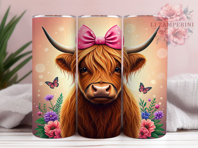 Pink Floral Highland Baby Cow Tumbler Wrap, Pink Floral Tumbler, Baby Cow Drinkware, 20oz Tumbler Wrap, Sublimation Mug, Farm Animal Gift, Cute Cow Decor Sublimation Li Zamperini 