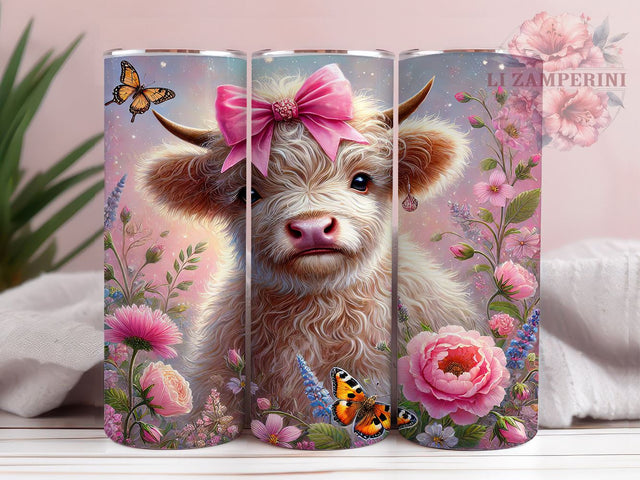 Pink Floral Highland Baby Cow Tumbler Wrap, Pink Floral Tumbler, Baby Cow Drinkware, 20oz Tumbler Wrap, Sublimation Mug, Farm Animal Gift, Cute Cow Decor Sublimation Li Zamperini 