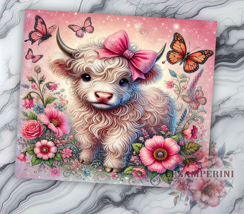Pink Floral Highland Baby Cow Tumbler Wrap, Pink Floral Tumbler, Baby Cow Drinkware, 20oz Tumbler Wrap, Sublimation Mug, Farm Animal Gift, Cute Cow Decor Sublimation Li Zamperini 