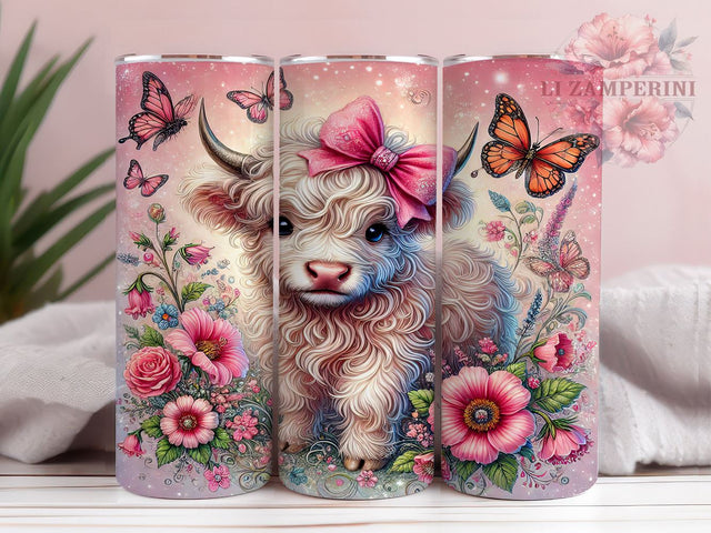 Pink Floral Highland Baby Cow Tumbler Wrap, Pink Floral Tumbler, Baby Cow Drinkware, 20oz Tumbler Wrap, Sublimation Mug, Farm Animal Gift, Cute Cow Decor Sublimation Li Zamperini 