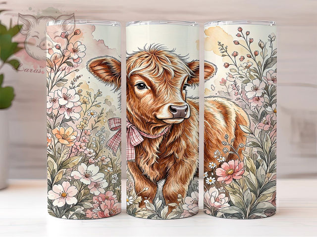 Pink Floral Highland Cow 20oz Tumbler, Highland Cow Motif, Pink Theme, Floral Art Design, Pastoral Accent, Whimsical Charm, Sublimation Wrap, 20oz Tumbler Sublimation Lara' s Designs 
