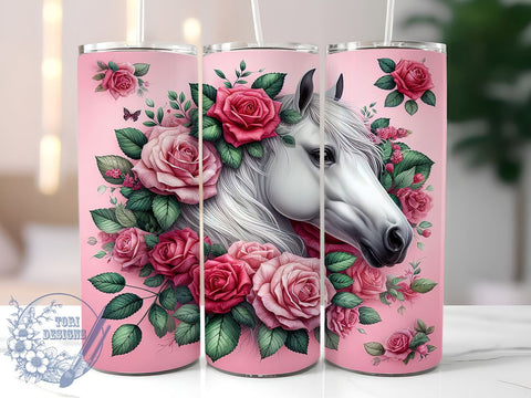 Pink Floral Horse 20oz Skinny Tumbler, Horse Lover Tumbler Png, Straight & Tapered Tumbler Wrap, Instant Digital Download Sublimation ToriDesigns 