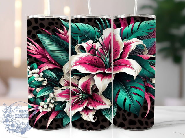 Pink Floral Leopard Print Tumbler Wrap, 20oz Tumbler Sublimation, Chic Leopard Flowers Design, Glam Aesthetic Tumbler, Feminine Safari Art, Trendy Cheetah Print Sublimation ToriDesigns 