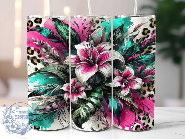 Pink Floral Leopard Print Tumbler Wrap, 20oz Tumbler Sublimation, Chic Leopard Flowers Design, Glam Aesthetic Tumbler, Feminine Safari Art, Trendy Cheetah Print Sublimation ToriDesigns 