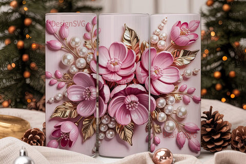Pink Floral Pearl Gold 20oz Tumbler Wrap Sublimation DesignSVG 