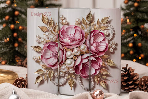 Pink Floral Pearl Gold 20oz Tumbler Wrap Sublimation DesignSVG 