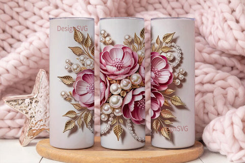 Pink Floral Pearl Gold 20oz Tumbler Wrap Sublimation DesignSVG 