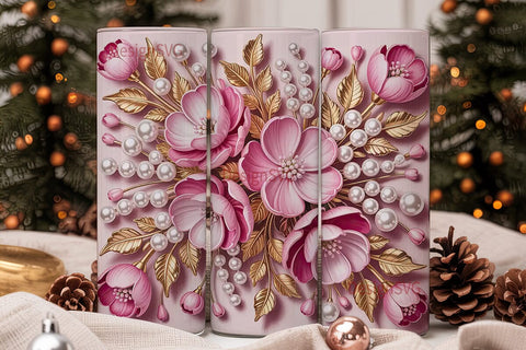 Pink Floral Pearl Gold 20oz Tumbler Wrap Sublimation DesignSVG 