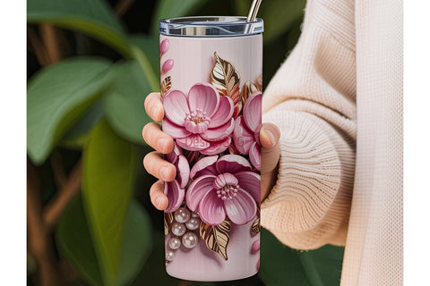 Pink Floral Pearl Gold 20oz Tumbler Wrap Sublimation DesignSVG 