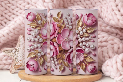 Pink Floral Pearl Gold 20oz Tumbler Wrap Sublimation DesignSVG 