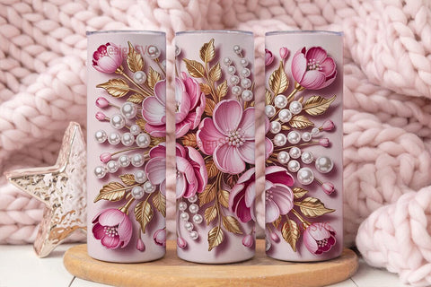 Pink Floral Pearl Gold 20oz Tumbler Wrap Sublimation DesignSVG 