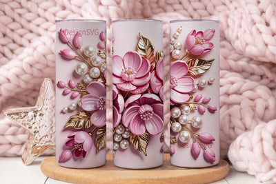 Pink Floral Pearl Gold 20oz Tumbler Wrap Sublimation DesignSVG 