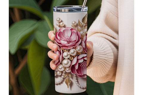 Pink Floral Pearl Gold 20oz Tumbler Wrap Sublimation DesignSVG 