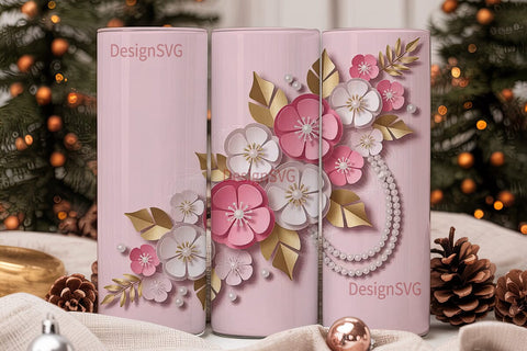 Pink Floral Pearl Tumbler Wrap Sublimation DesignSVG 