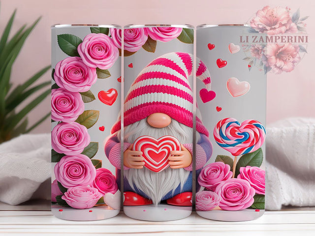 Pink Floral Valentine Gnome Tumbler, Floral Gnome Design, Cute Valentine Gnomes, 20Oz Wrap Design, Valentine Sublimation, Pink Floral Art, Romantic Gnome Theme Sublimation Li Zamperini 