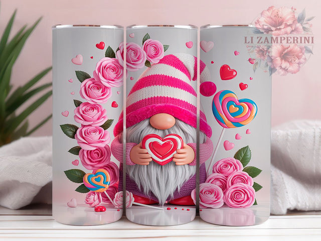 Pink Floral Valentine Gnome Tumbler, Floral Gnome Design, Cute Valentine Gnomes, 20Oz Wrap Design, Valentine Sublimation, Pink Floral Art, Romantic Gnome Theme Sublimation Li Zamperini 