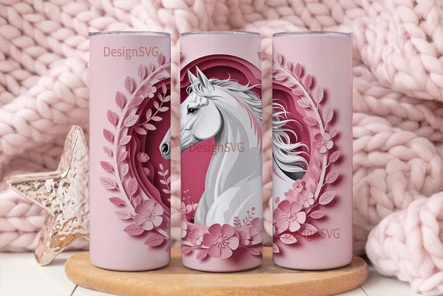 Pink Floral White Horse 20oz Tumbler Sublimation DesignSVG 
