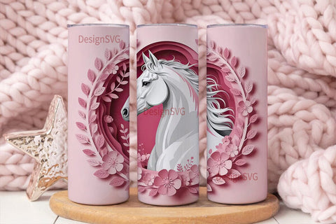 Pink Floral White Horse 20oz Tumbler Sublimation DesignSVG 