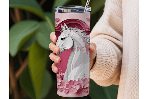 Pink Floral White Horse 20oz Tumbler Sublimation DesignSVG 