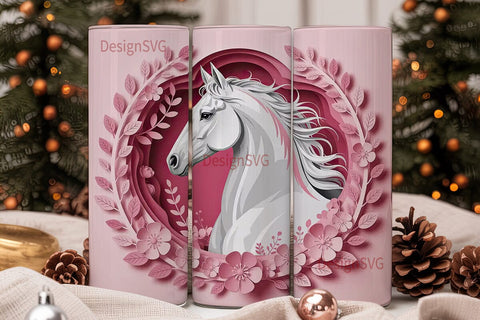Pink Floral White Horse 20oz Tumbler Sublimation DesignSVG 