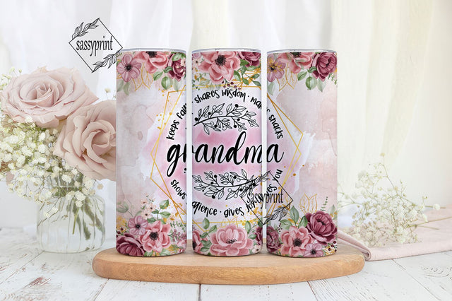 Pink Flower Grandma 20oz Skinny Tumbler Sublimation Designs, traight and Tapered Tumbler Templates Tumbler PNG File Digital Download Sublimation sassyprint 