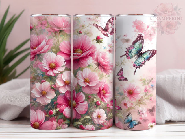 Pink Flowers And Butterflies 20 oz Tumbler, Flower Tumbler Wrap, Instant Digital Download PNG, Straight & Tapered Tumbler Wrap PNG Sublimation Li Zamperini 