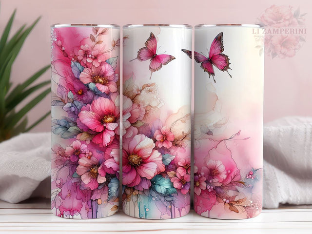 Pink Flowers And Butterflies 20 oz Tumbler, Flower Tumbler Wrap, Instant Digital Download PNG, Straight & Tapered Tumbler Wrap PNG Sublimation Li Zamperini 