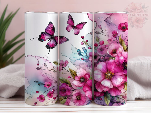 Pink Flowers And Butterflies 20 oz Tumbler, Flower Tumbler Wrap, Instant Digital Download PNG, Straight & Tapered Tumbler Wrap PNG Sublimation Li Zamperini 