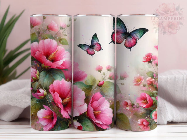 Pink Flowers And Butterflies 20 oz Tumbler, Flower Tumbler Wrap, Instant Digital Download PNG, Straight & Tapered Tumbler Wrap PNG Sublimation Li Zamperini 